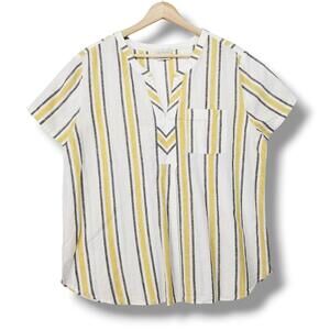 Van Heusen Striped Linen Cotton Blend Short Sleeve Blouse Top XL White Gray Gold